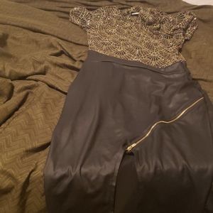 Gold and black leather cut split dress